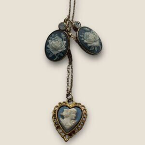 Vintage Avon Clip-On Rose Earrings & Heart Cameo Necklace Set Gold-Tone Blue & W